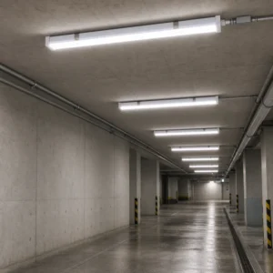IP65 LED linear fixtures clip-mounted on a concrete ceiling in a damp parking service corridor