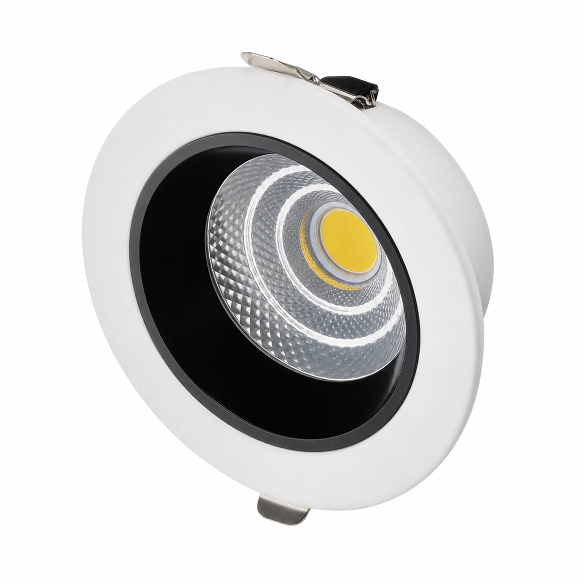 Fixed recessed downlight with white trim, dark baffle and faceted silver reflector