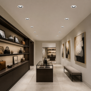 Fixed recessed reflector downlights installed in an indoor retail display ceiling