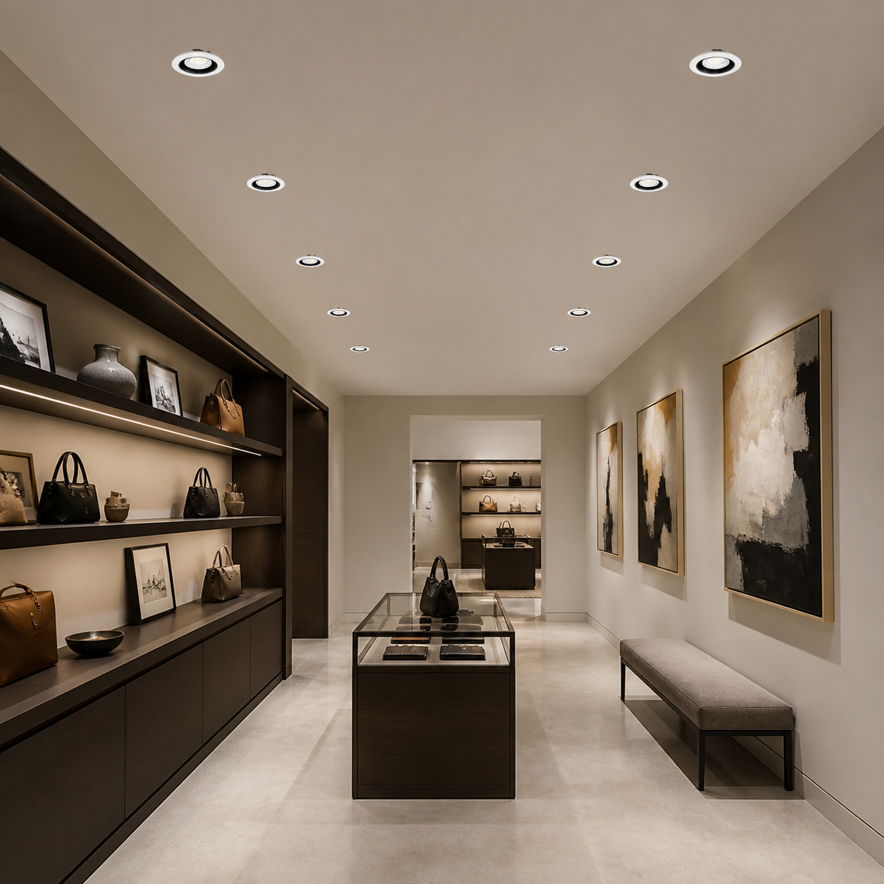 Fixed recessed reflector downlights installed in an indoor retail display ceiling