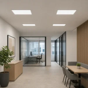 Korean-format LED backlit panels installed in an office circulation ceiling