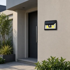 XGYSWL-FL0004-E3 solar wall light installed beside a residential entrance