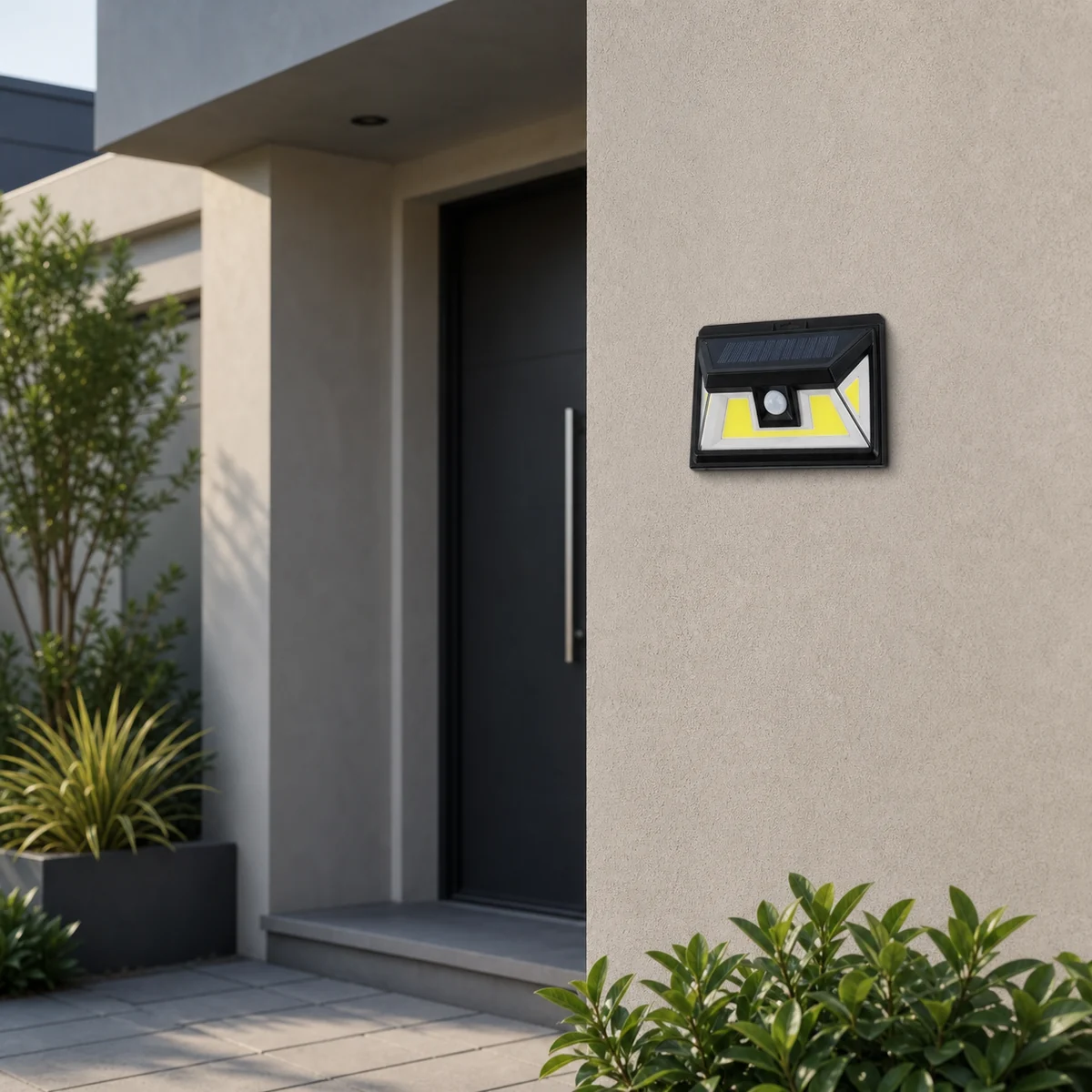 XGYSWL-FL0004-E3 solar wall light installed beside a residential entrance