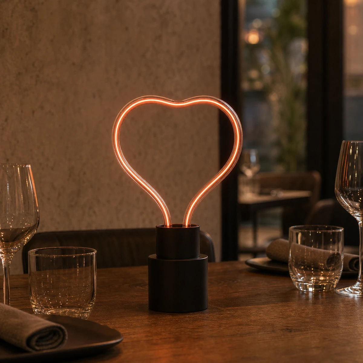 Heart-outline flexible-filament bulb shown in a compatible indoor display setting