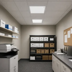 Slim sensor LED panels installed in an indoor records room ceiling