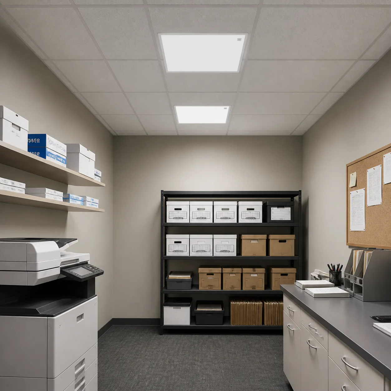 Slim sensor LED panels installed in an indoor records room ceiling
