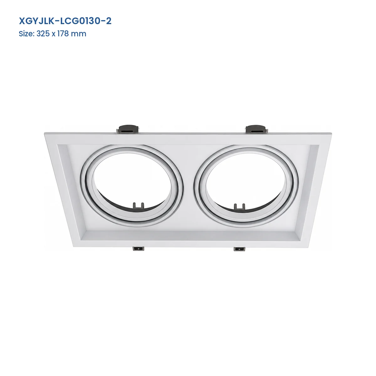 XGYJLK-LCG0130-2 2-aperture GU10 recessed fixture frame, catalog dimensions 325 x 178 mm