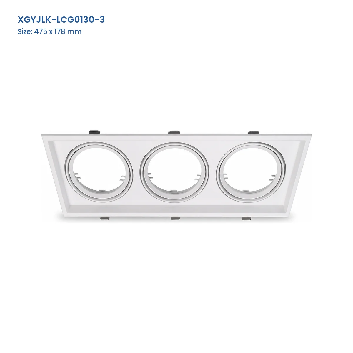 XGYJLK-LCG0130-3 3-aperture GU10 recessed fixture frame, catalog dimensions 475 x 178 mm