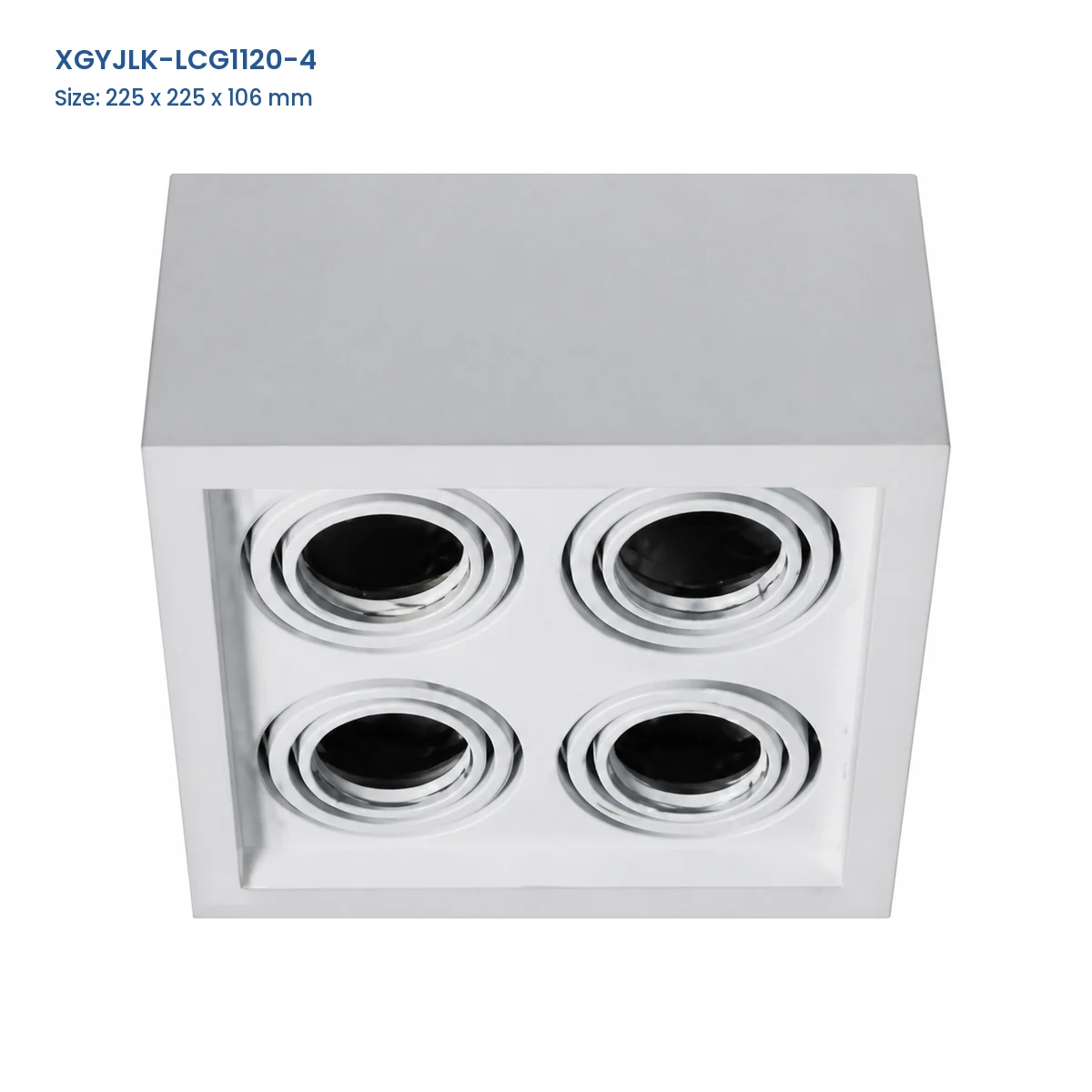 XGYJLK-LCG1120-4 4-aperture GU10 recessed fixture frame, catalog dimensions 225 x 225 x 106 mm