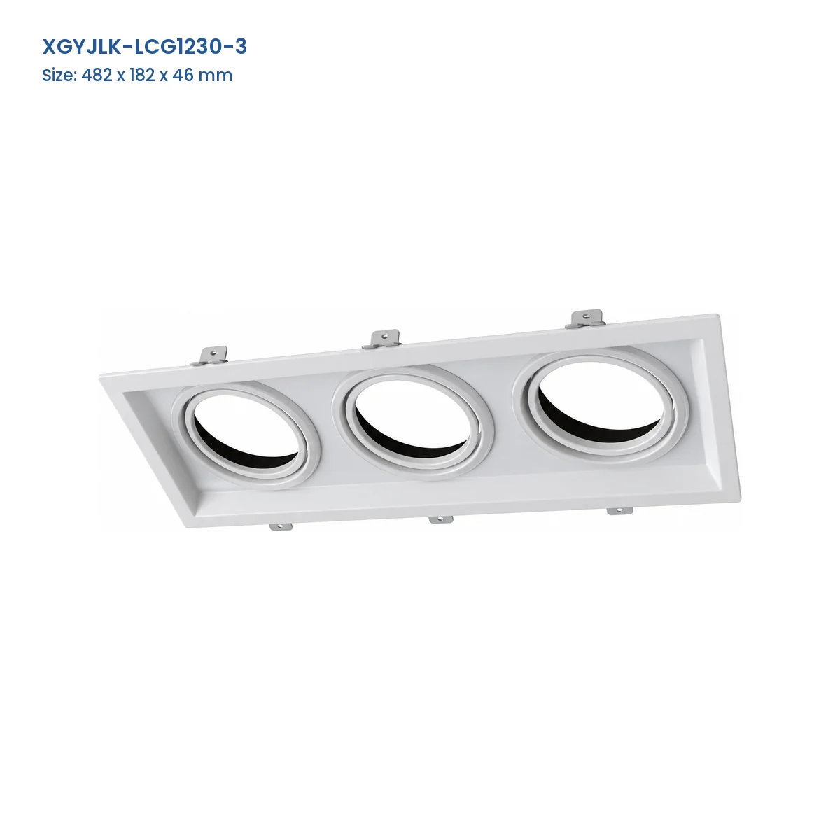 XGYJLK-LCG1230-3 3-aperture GU10 recessed fixture frame, catalog dimensions 482 x 182 x 46 mm