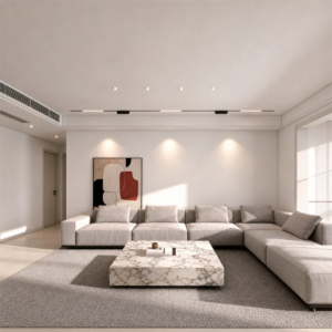 Narrow-beam recessed LED spotlights installed in a living room ceiling