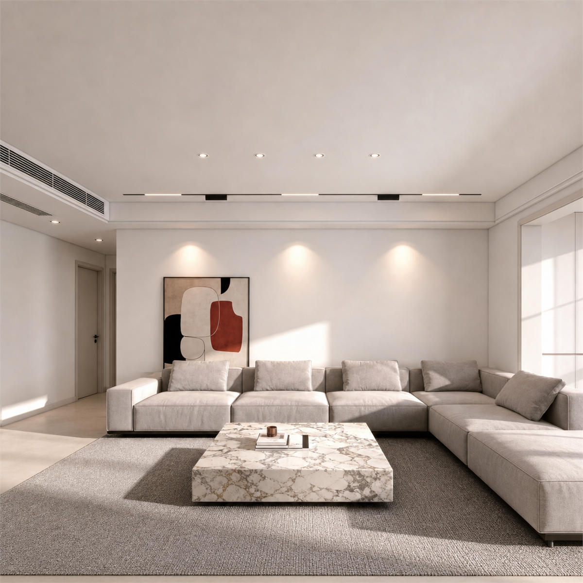 Narrow-beam recessed LED spotlights installed in a living room ceiling