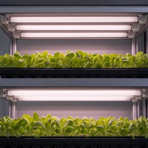 Linear fluorescent tubes installed in supported fixtures above leafy seedlings on an indoor growing rack