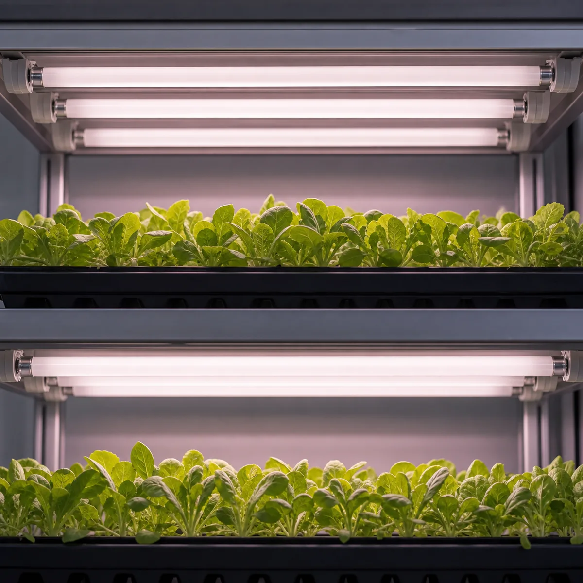 Linear fluorescent tubes installed in supported fixtures above leafy seedlings on an indoor growing rack