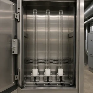 Clear PL-L 2G11 UV-C lamps installed vertically inside enclosed air-treatment equipment