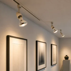 R63 halogen reflector bulbs installed in open adjustable ceiling holders in an indoor gallery