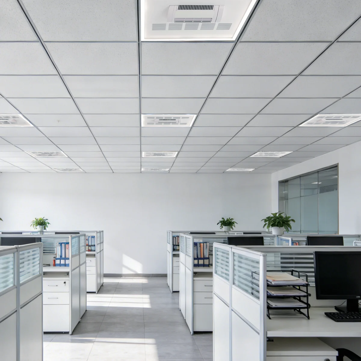 Rectangular bladeless ceiling fan light installed in an office