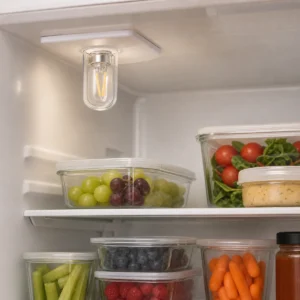 Compact refrigerator LED filament bulb installed vertically in a protected upper lamp compartment inside a refrigerator