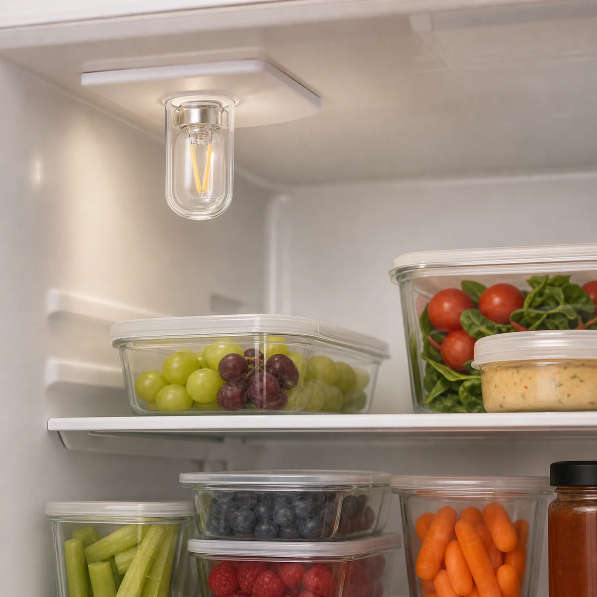 Compact refrigerator LED filament bulb installed vertically in a protected upper lamp compartment inside a refrigerator
