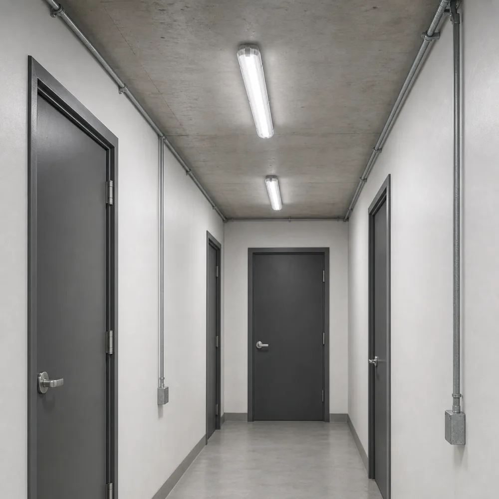 Two 1200 mm replaceable-tube tri-proof fixtures surface mounted in a commercial service corridor