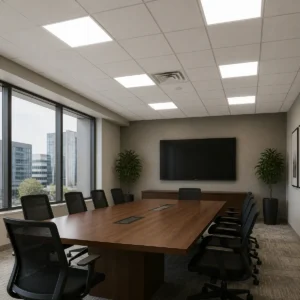 Backlit RGB+CCT LED panels installed in a conference room ceiling
