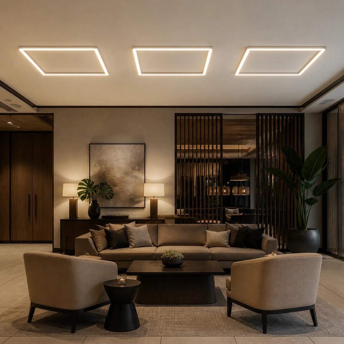RGB+CCT open-frame LED panel installed in a lounge ceiling