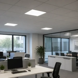 Slim RGB+CCT LED panels installed in an office ceiling