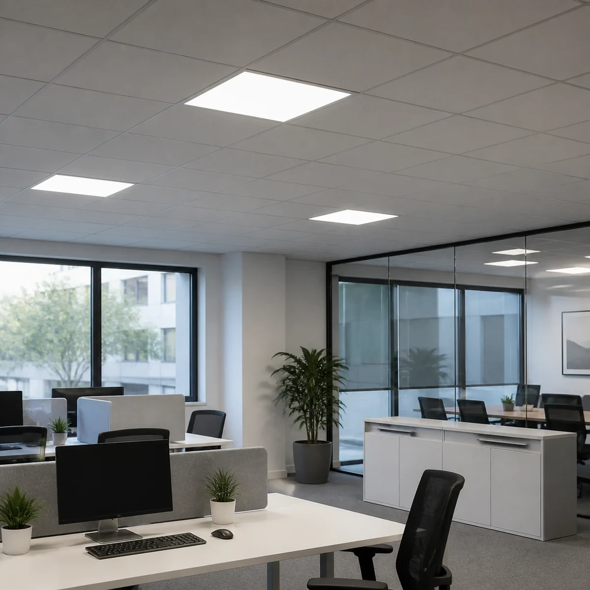 Slim RGB+CCT LED panels installed in an office ceiling
