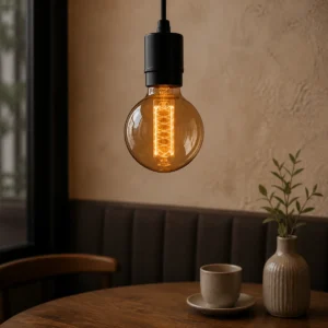 Amber RN G95 decorative LED bulb installed in a black indoor pendant socket above a cafe table