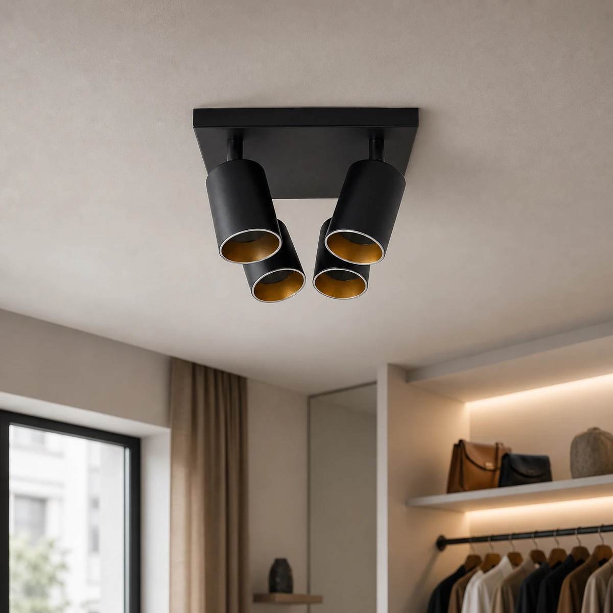CK004 four-head surface-mounted spotlight housing installed on a dry indoor showroom ceiling