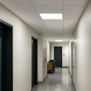 Square slim LED panel installed in an indoor commercial service corridor ceiling