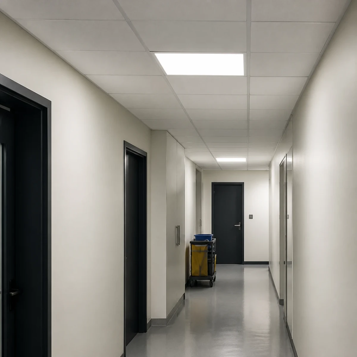 Square slim LED panel installed in an indoor commercial service corridor ceiling