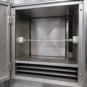 Straight single-pin UV-C lamp mounted between opposite holders inside enclosed equipment