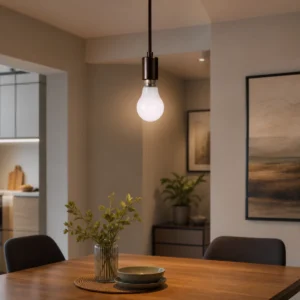 A60 SMD glass LED bulb installed in an indoor dining pendant