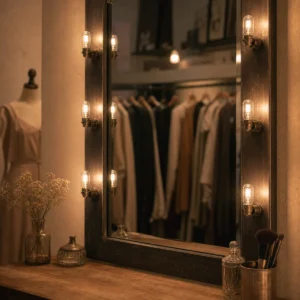 Compact clear tubular incandescent bulbs in compatible indoor vanity mirror holders