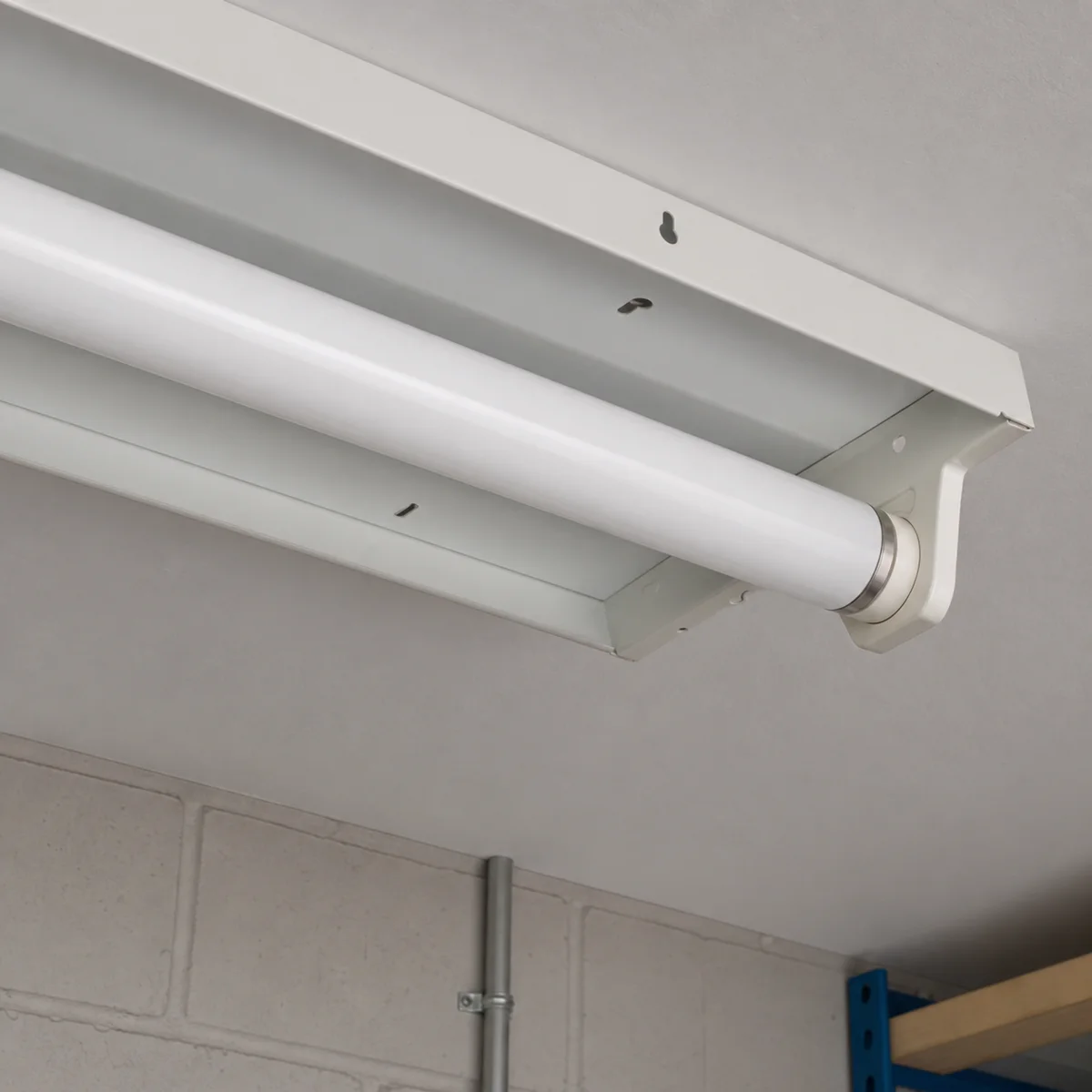 T10 fluorescent tube installed in a compatible open G13 utility-room batten