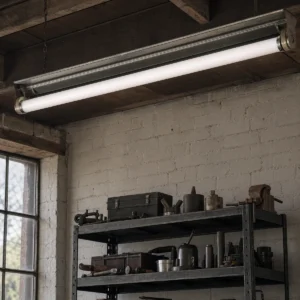 T12 fluorescent tube installed in a compatible open G13 industrial workshop fixture