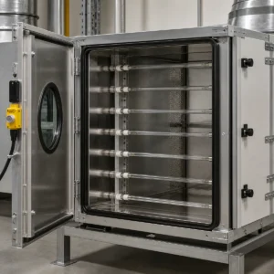 Clear T5 G5 UV-C lamps installed inside an interlocked enclosed air-treatment chamber