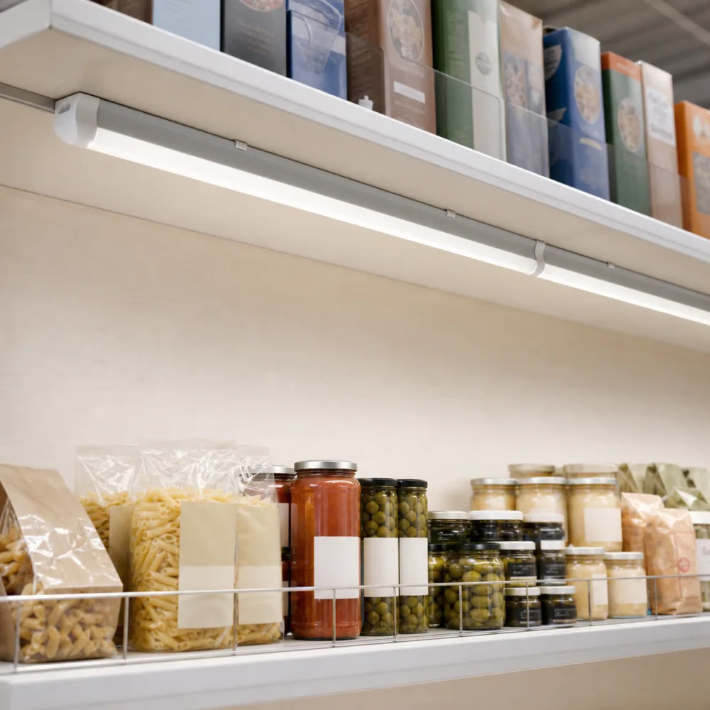 T8 integrated LED fixtures linked beneath retail shelves