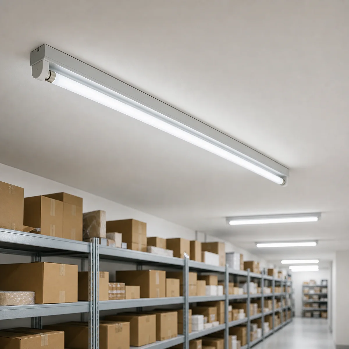 T8 fluorescent tube installed in a compatible open G13 batten in a commercial stockroom