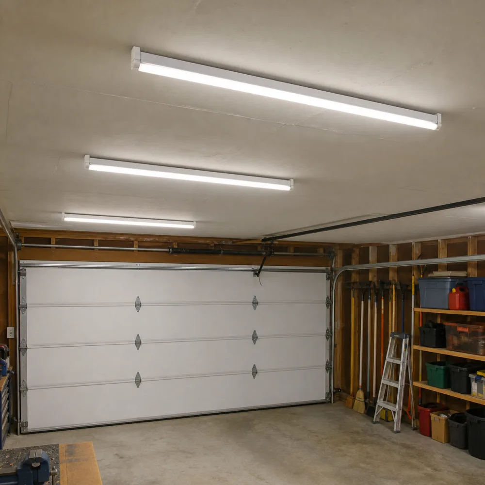 Surface-mounted single-tube T8 fixtures providing general lighting in a dry residential garage