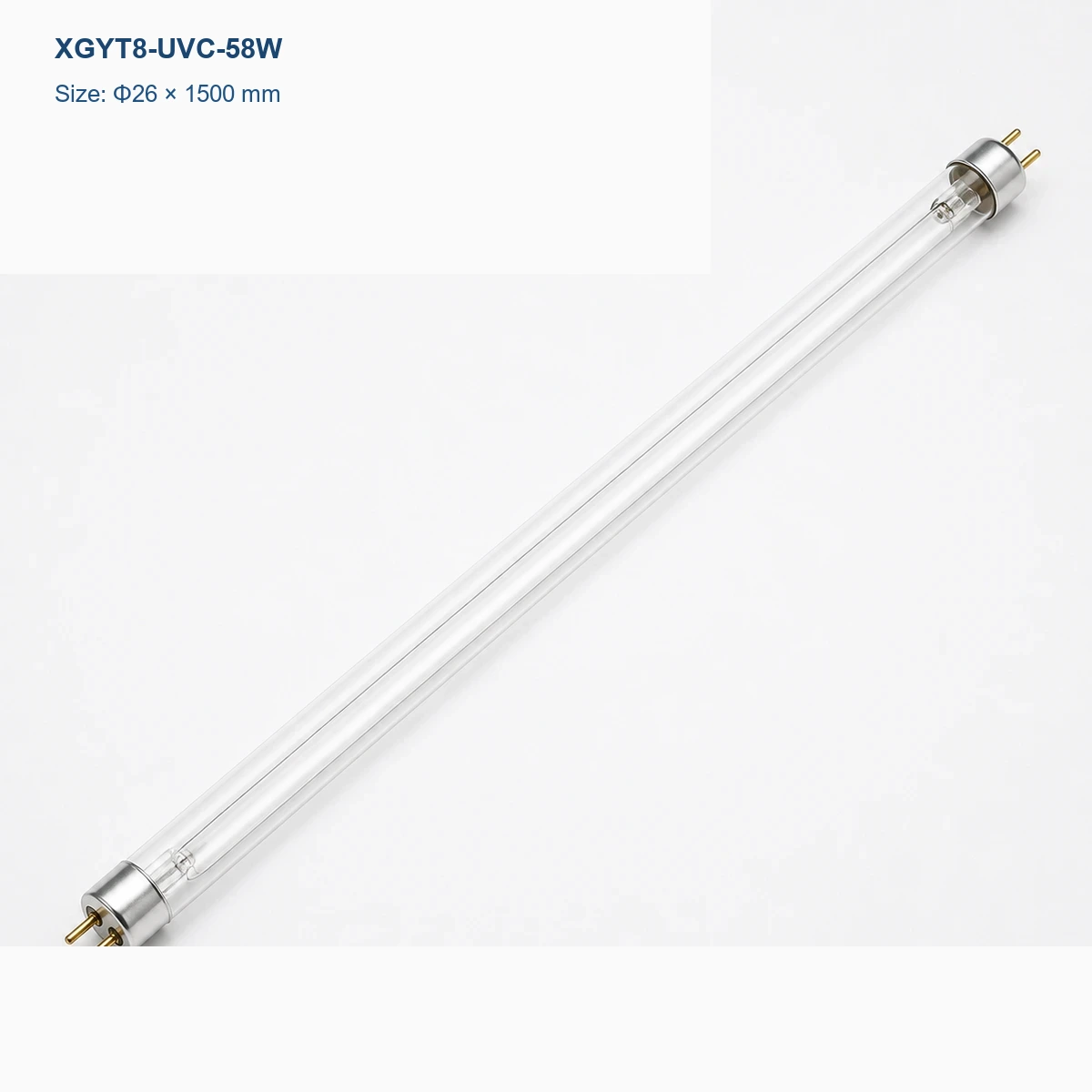 Clear T8 UV-C germicidal lamp Φ26 × 1500 mm, G13 bi-pin, rated power 58 W