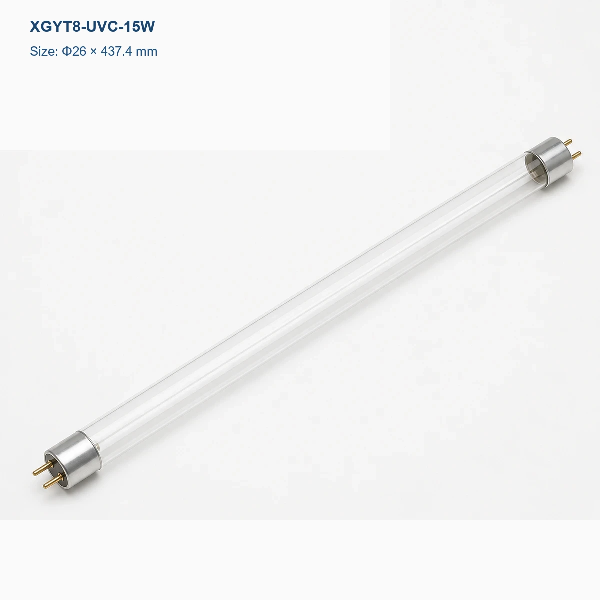 Clear T8 UV-C germicidal lamp Φ26 × 437.4 mm, G13 bi-pin, rated power 15 W
