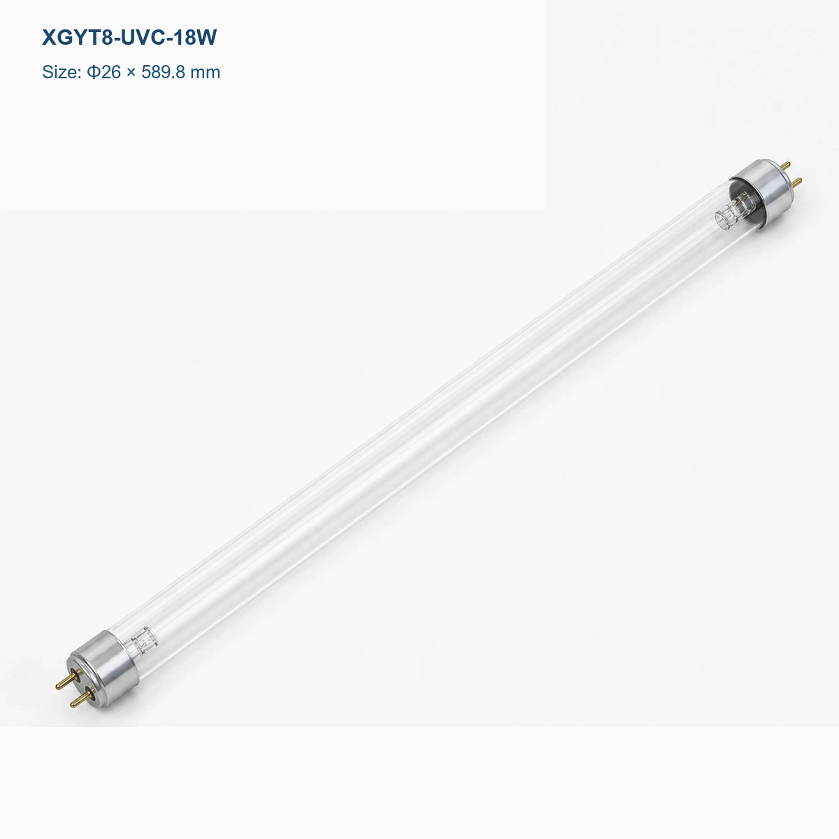 Clear T8 UV-C germicidal lamp Φ26 × 589.8 mm, G13 bi-pin, rated power 18 W