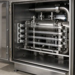 Clear double-ended T8 G13 UV-C lamps installed inside an enclosed water-treatment reactor