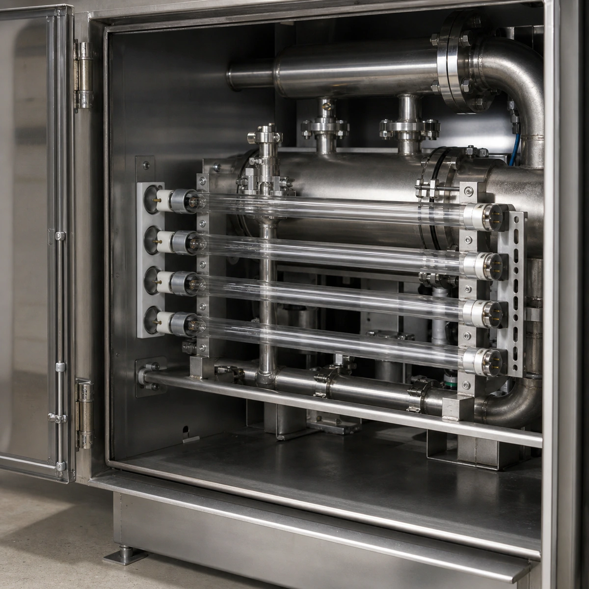 Clear double-ended T8 G13 UV-C lamps installed inside an enclosed water-treatment reactor