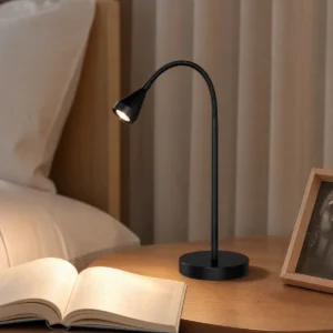 Black TAL gooseneck 3CCT LED task spotlight on a bedside reading table
