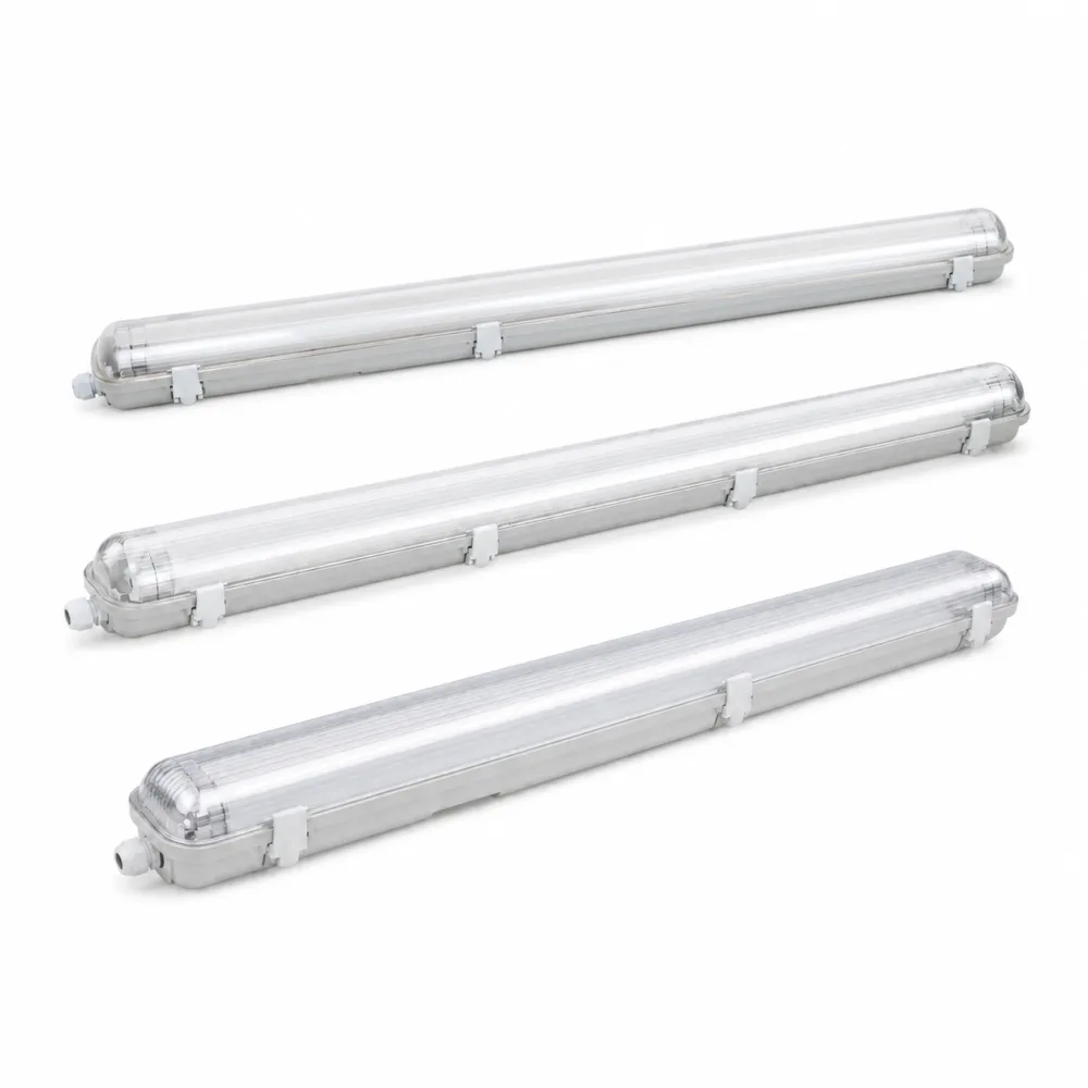 TL, TW and TS replaceable-tube tri-proof fixture housings shown together on a white background