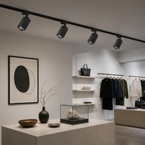 track-mounted gu10/mr16 spotlight housings installed in a dry indoor display area
