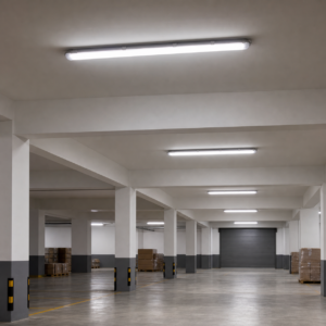 Tri-Proof Fixture SMD GS OS linear LED fixture installed in a covered warehouse